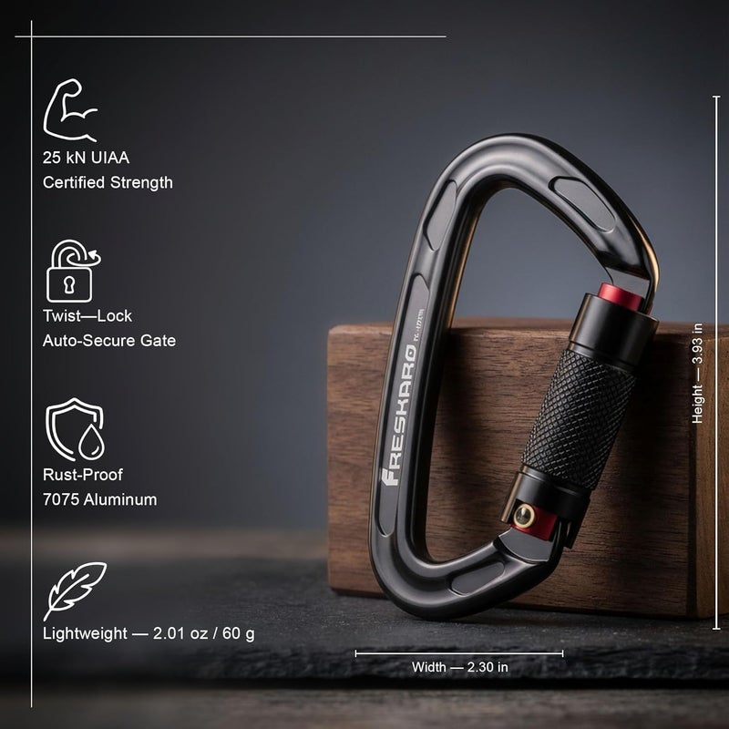 FresKaro UIAA Certified 25KN Auto Locking Climbing Carabiner Clips, Twist Lock, and Heavy Duty Carabiners for Rock Climbing, Rappelling, and Mountaineering, D Shaped - Image 2